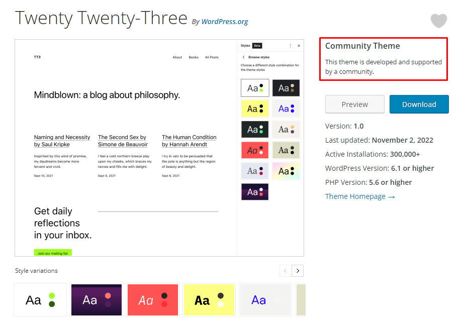 Tema de WordPress Twenty Twenty-Three en el directorio de WordPress, con la nueva taxonomía resaltada