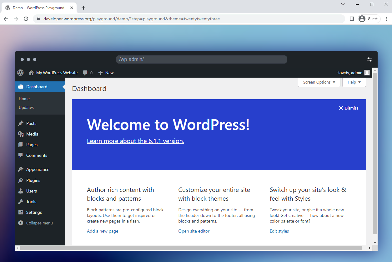 Una pestaña del navegador que muestra la zona de pruebas de WordPress Playground