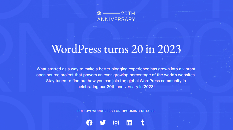 The WordPress 20th anniversary homepage