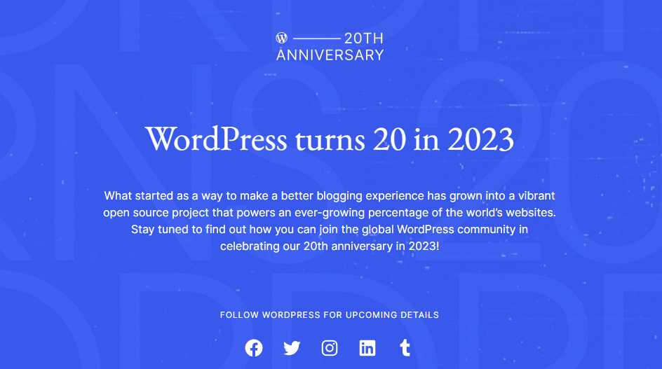 La page d'accueil du 20e anniversaire de WordPress