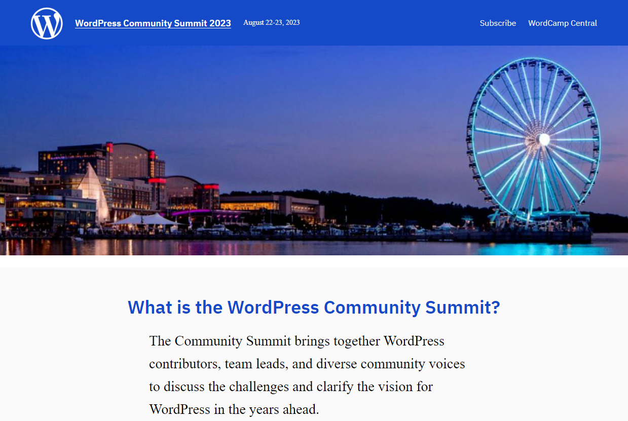 La página principal de WordPress Community Summit 2023