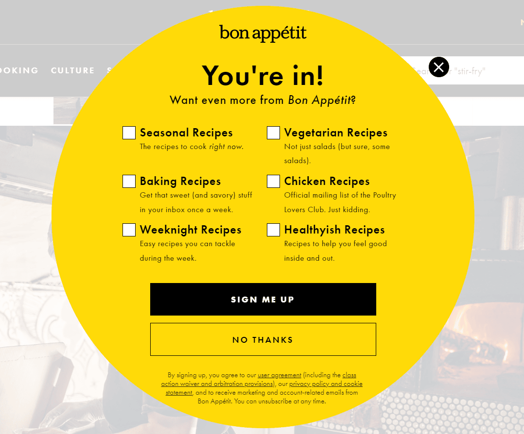 Bon Appetit's multi-step pop-up campaign asking visitors to pick a content category they'd like to receive in their email
