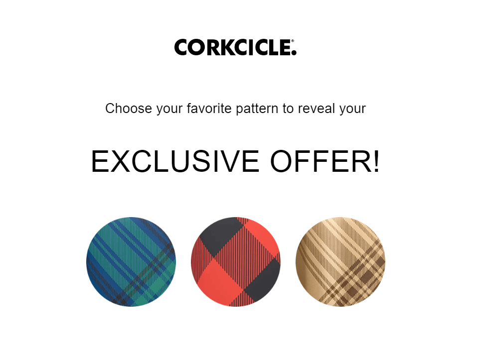 Corkcircle's pop-up campaign which contains a gamification element, asking users to pick a pattern