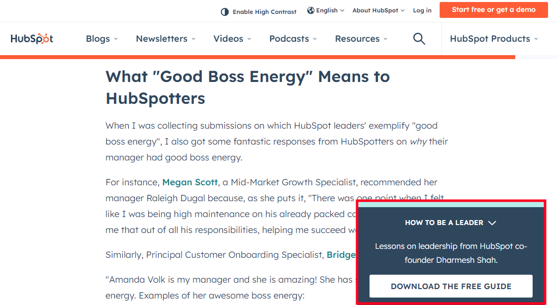 HubSpot's freebie pop-up campaign encouraging users to download a guide on becoming a leader