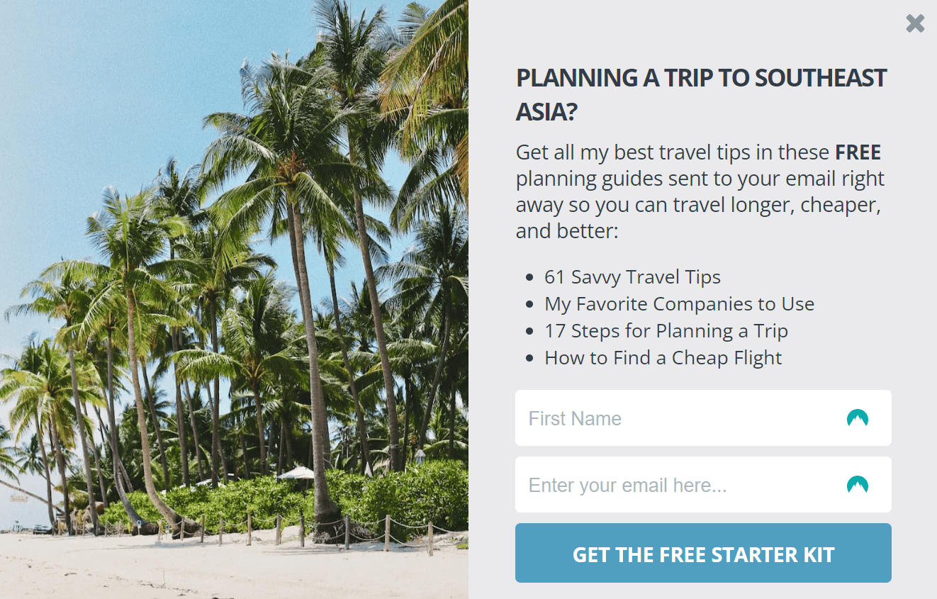 Nomadic Matt's pop-up campaign that invites users to get a free trip planning guide