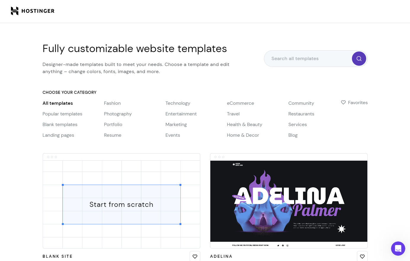 The Templates page on Hostinger Website Builder