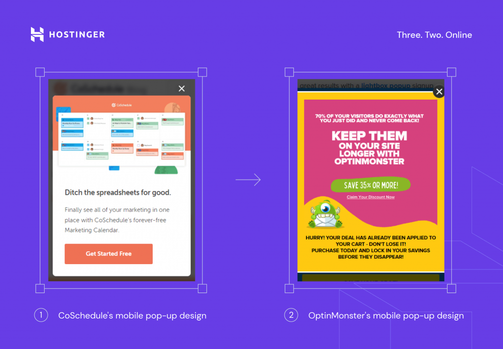 Two examples of pop-up campaigns on mobile screens, one by CoSchedule and the other by OptinMonster