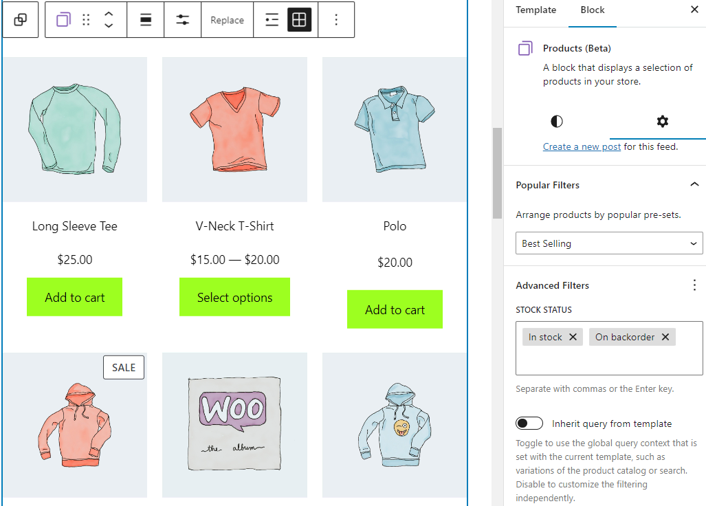 The WooCommerce products block on the editor with the block settings panel displayed.