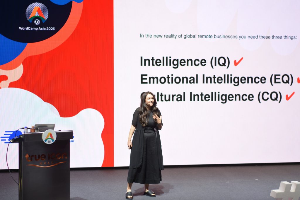 Petya Raykovska presenting a session about Cultural Intelligence-based leadership in WordCamp Asia 2023