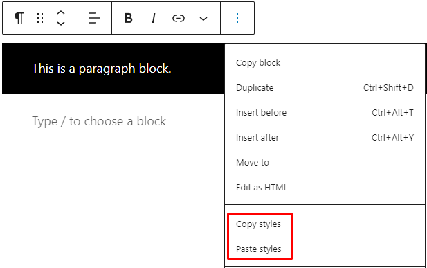 Las opciones de copiar estilos y pegar estilos en el menú desplegable de la barra de herramientas del bloque