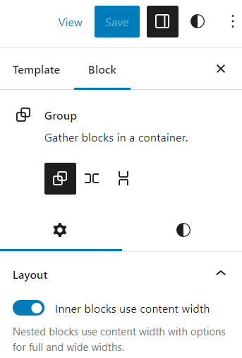 El panel de configuración del bloque de grupo que muestra las nuevas pestañas de configuración y estilos