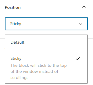 La opción de posición fija en el panel de configuración del bloque