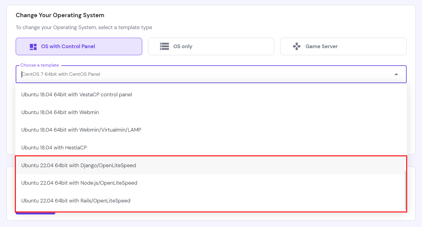 How to change your VPS operating system on hPanel, with the new OpenLiteSpeed VPS templates highlighted