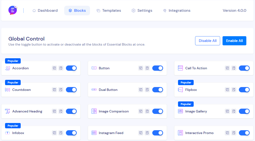 The Essential Blocks plugin control panel