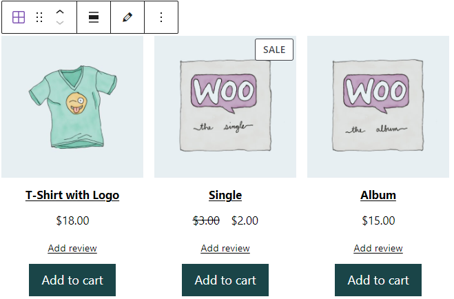 The WooCommerce All Products block, showing the "add review" link
