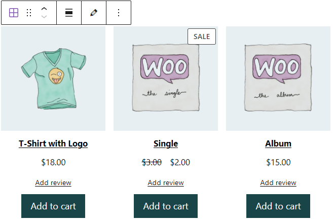 The WooCommerce All Products block, showing the "add review" link