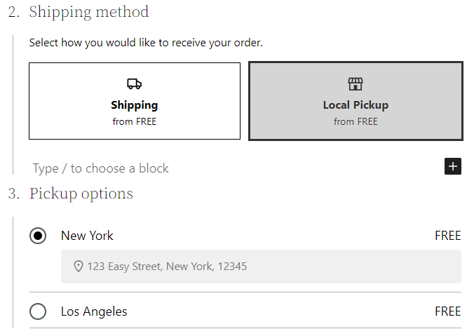 The WooCommerce Local Pickup block on the checkout page