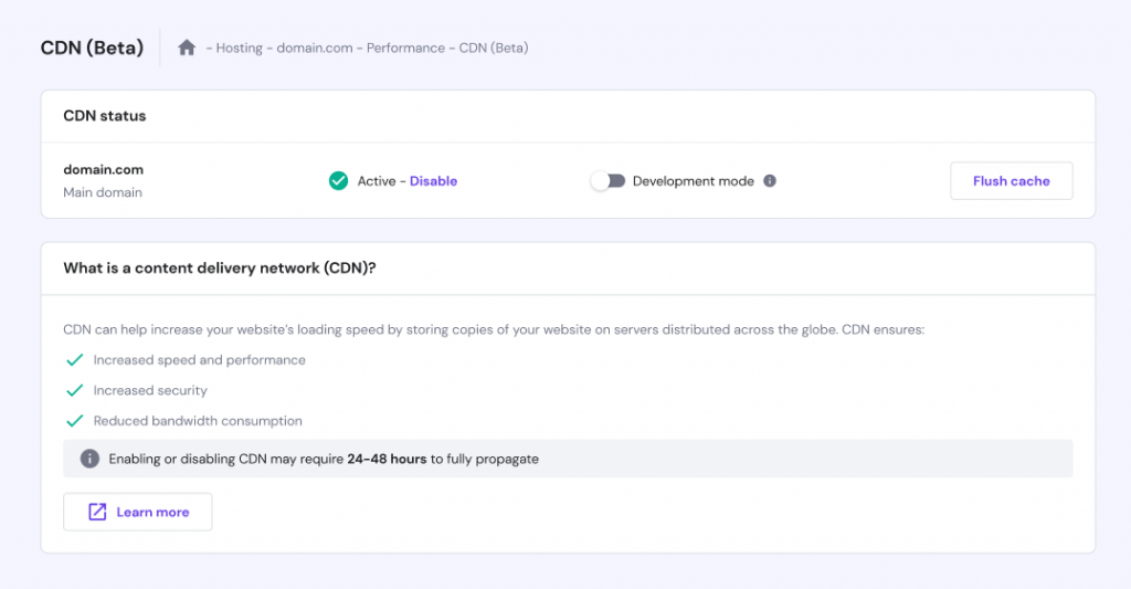 CDN (Beta) Section of hPanel