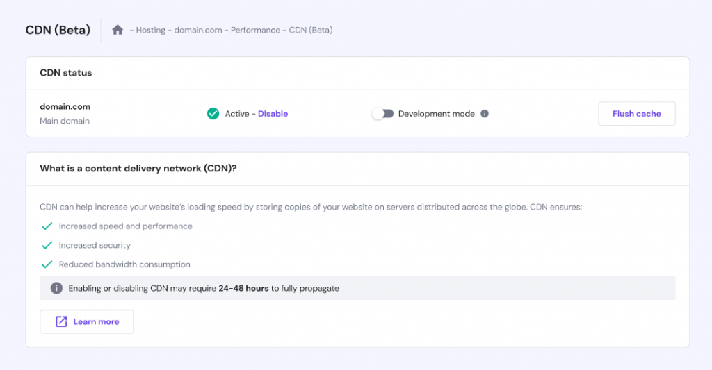 The CDN (Beta) section on hPanel