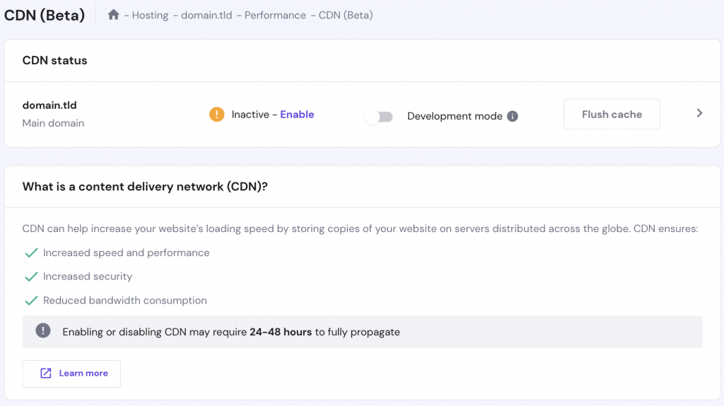 The CDN (Beta) page on Hostinger's hPanel