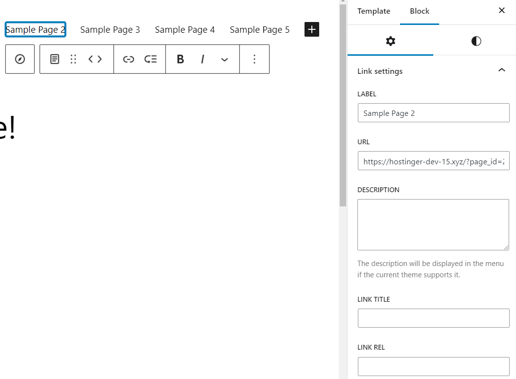 Individual link settings on the navigation block settings panel