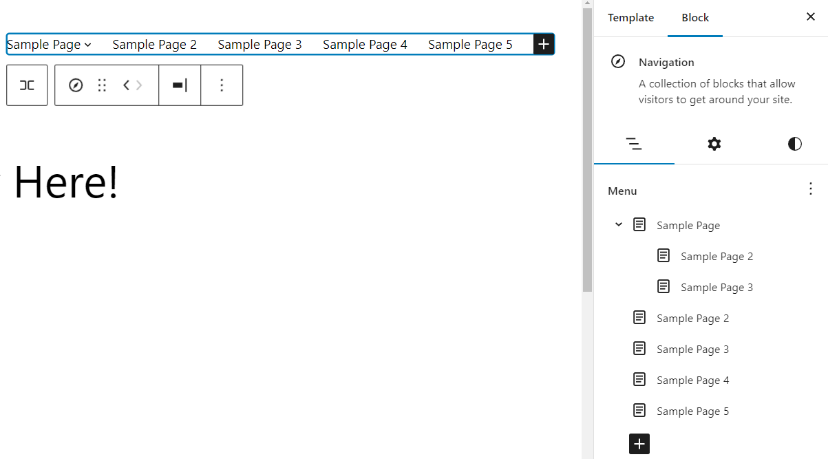 The navigation block settings panel, showing the new list view UI