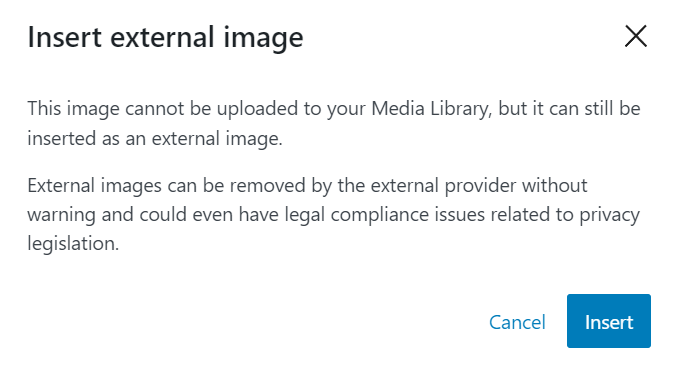 The warning message when the image can't be imported to the media library
