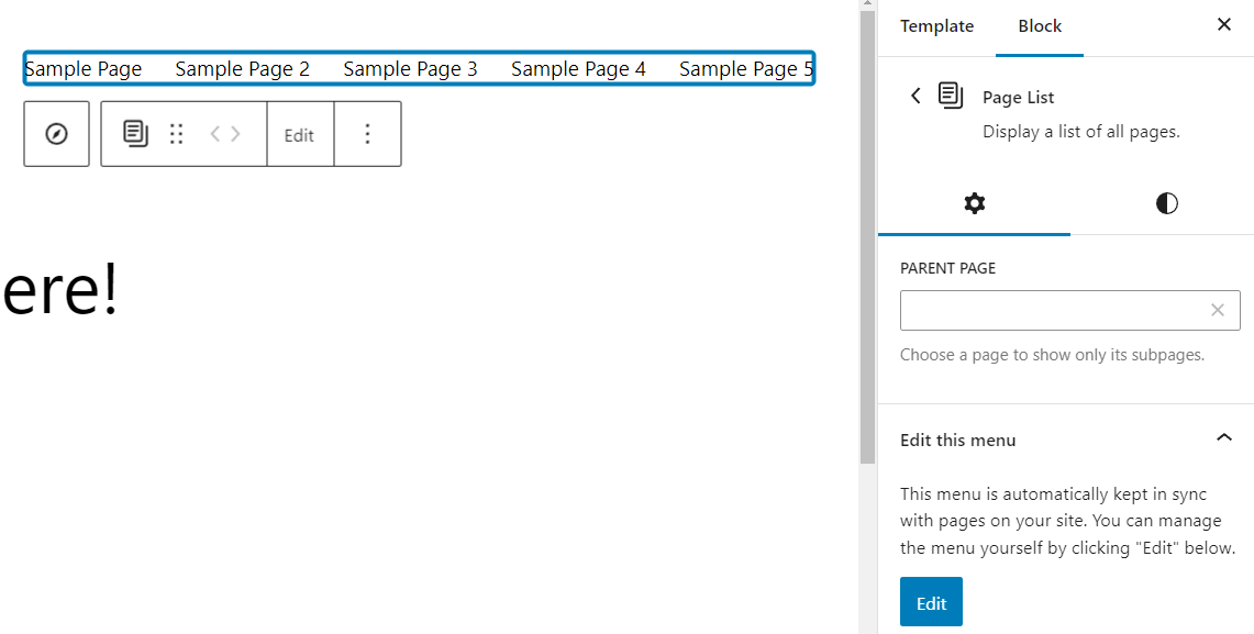 Using page list block in the navigation block