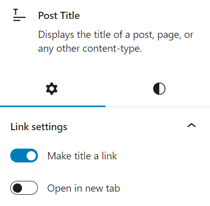 The post title block settings panel, showing the two tabs to customize the block