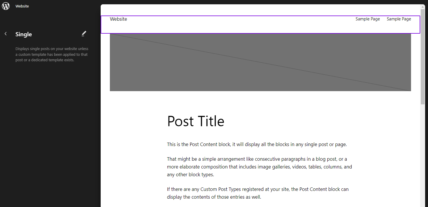 The template preview showing the single post template