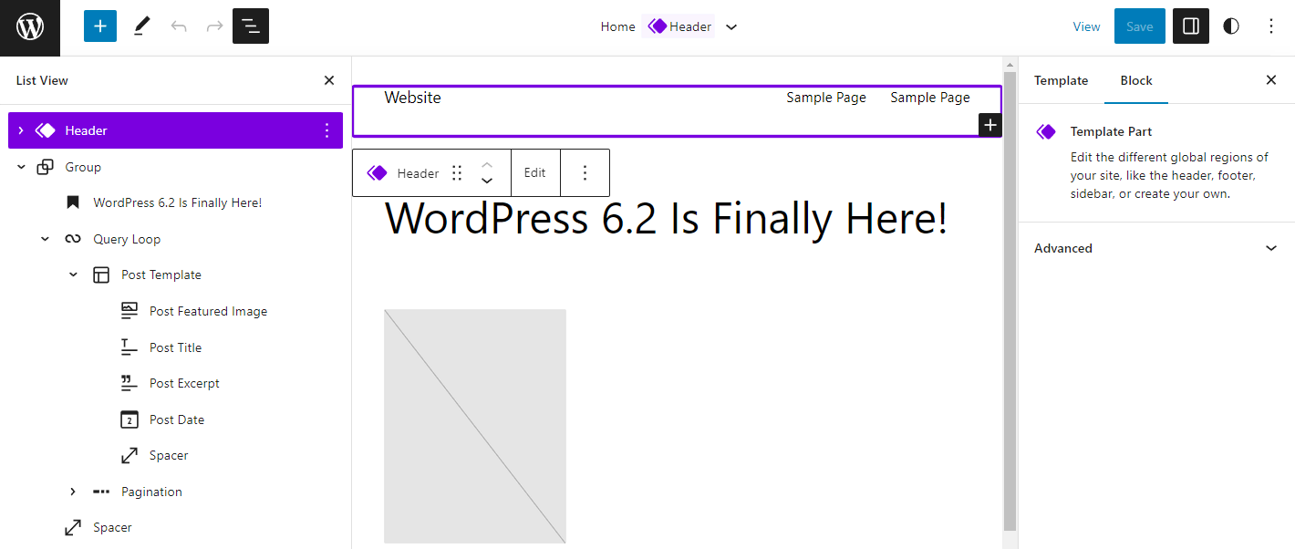 The site editor interface, showing the header template part highlighted in purple