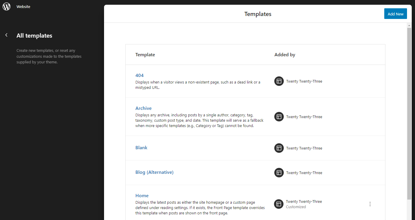 The panel to manage all templates