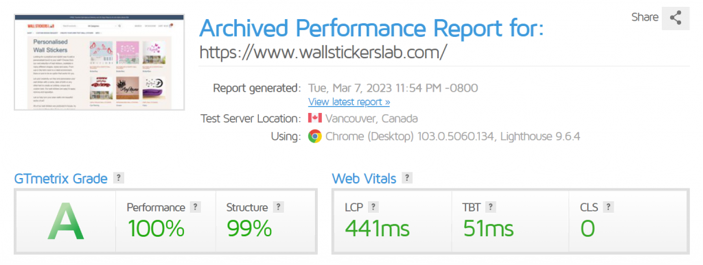 GTMetrix results on a test website after LiteSpeed Object Cache was enabled