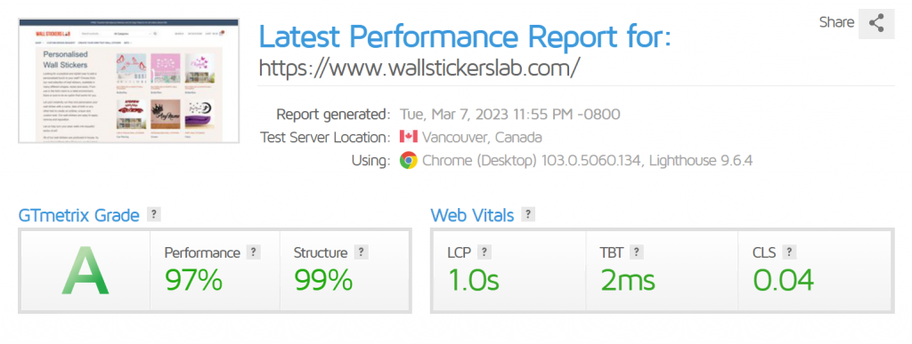 GTMetrix results on a test website before LiteSpeed Object Cache was enabled