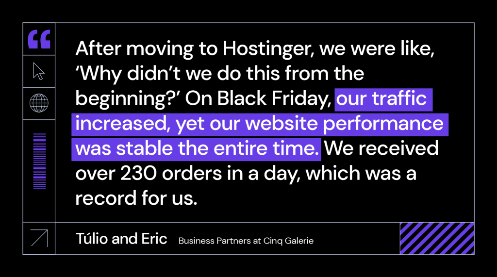“After moving to Hostinger, we were like, ‘Why didn’t we do this from the beginning?’ On Black Friday, our traffic increased, yet our website performance was stable the entire time. We received over 230 orders in a day, which was a record for us," said Túlio and Eric, business partners at Cinq Galerie.