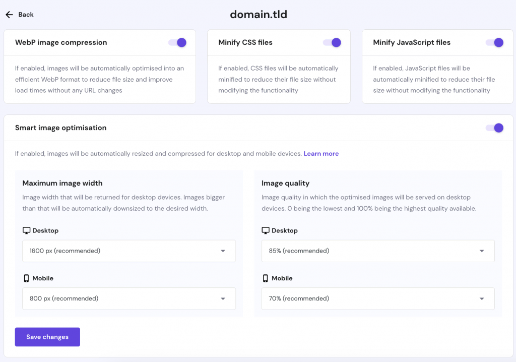 The WebP image compression, CSS and JavaScript minification, and Smart Image Optimization features on Hostinger CDN