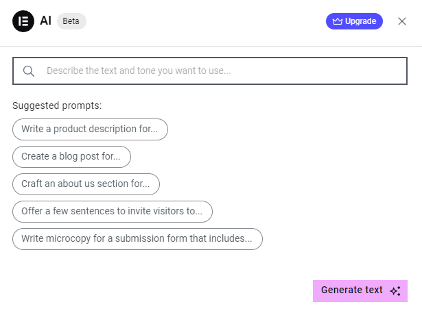 The interface of the Elementor AI text generator