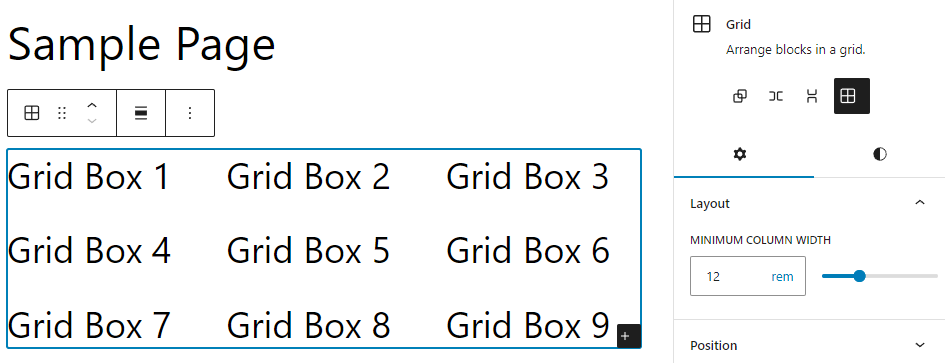 Exemple de bloc de grille dans l'éditeur de pages