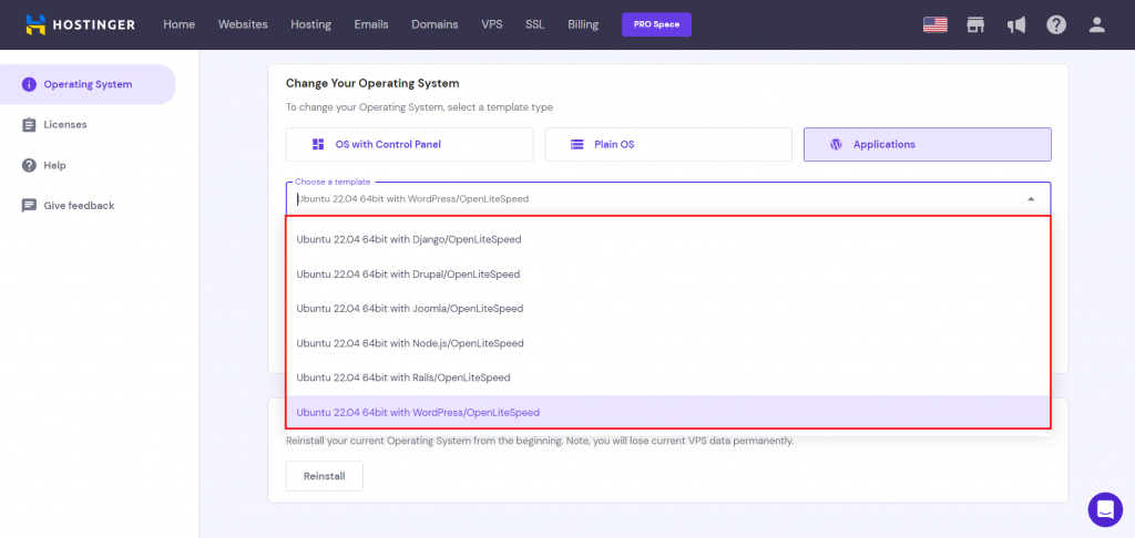 Changing a VPS template on hPanel to an OpenLiteSpeed template with WordPress, Joomla, or Drupal