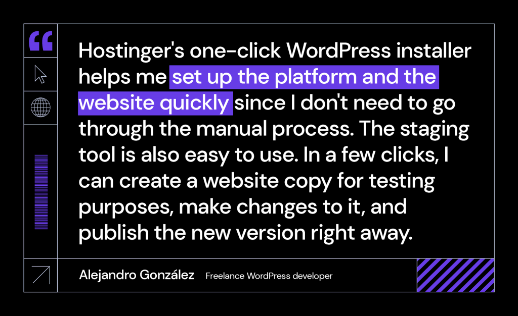 Alejandro's quote on Hostinger's WordPress features, which have helped speed up his web development