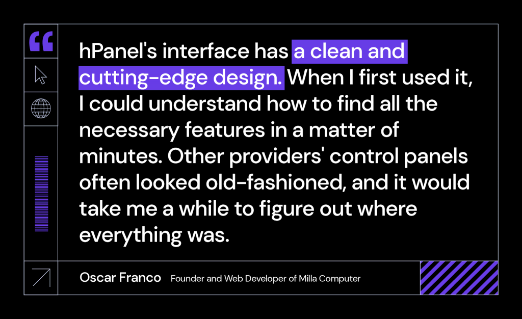Oscar Franco's quote on hPanel's interface, which he thinks has a clean and user-friendly design