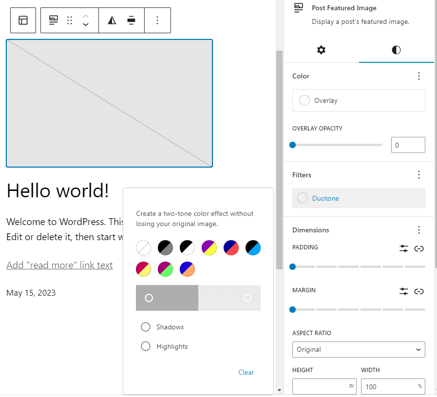 The post featured image settings panel, showing the duotone filter to customize the image color.