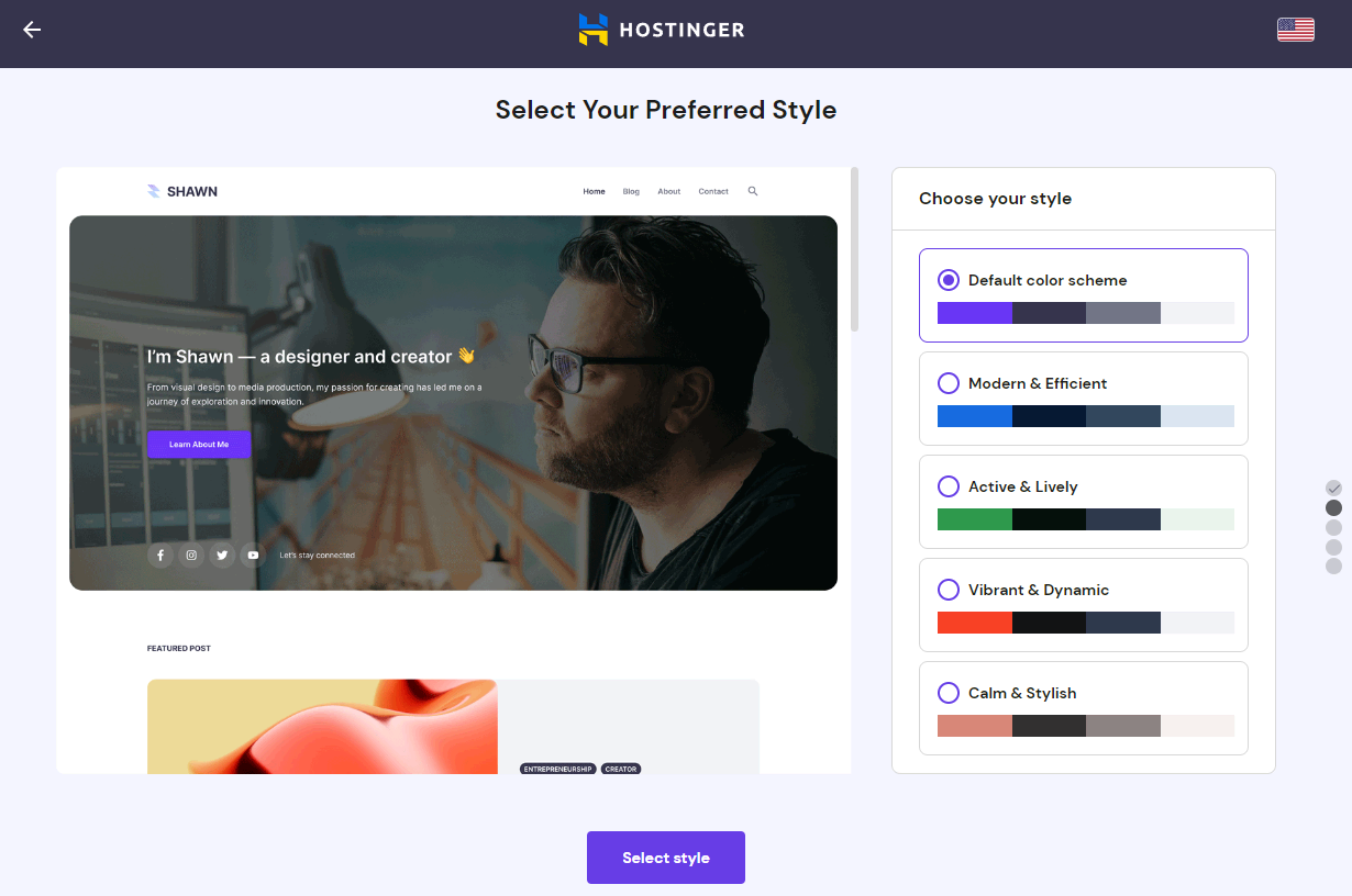 The theme style selection panel on the hPanel setup process