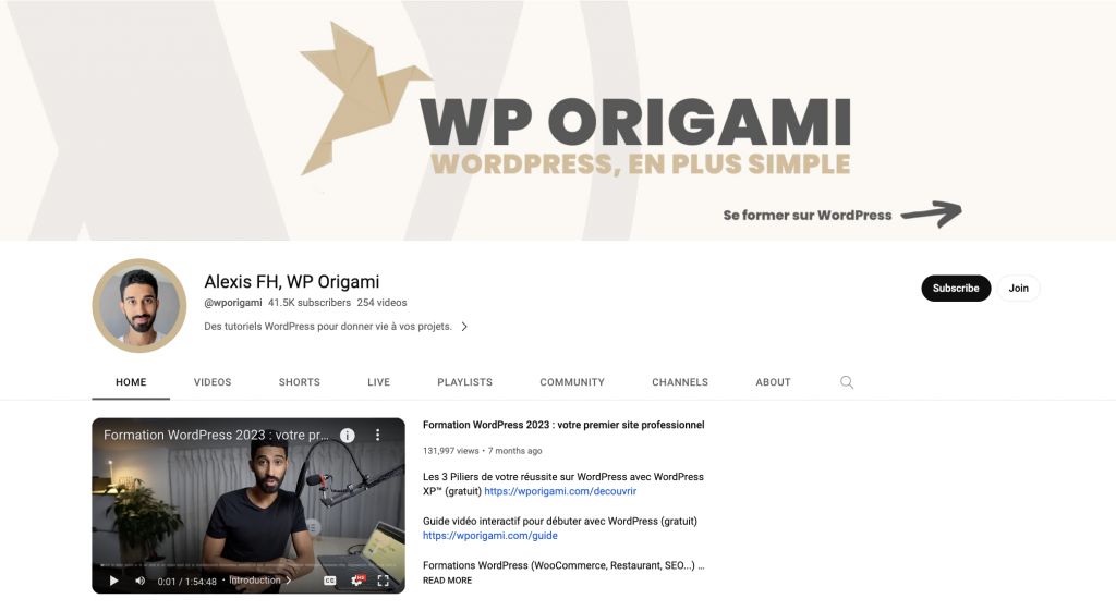 La chaîne YouTube de WP Origami qui se compose de vidéos de tutoriels WordPress