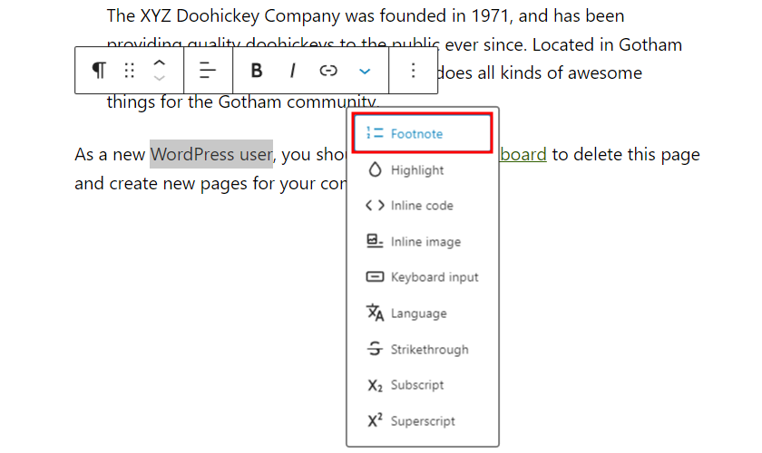 Footnote option to create a footnote block after selecting a text