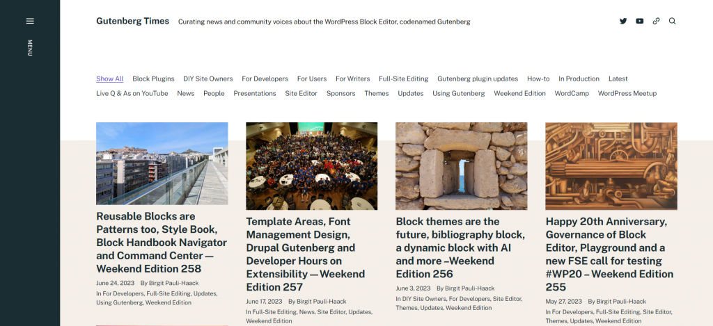 Gutenberg Times' News page which has multiple categories dedicated to various target audiences