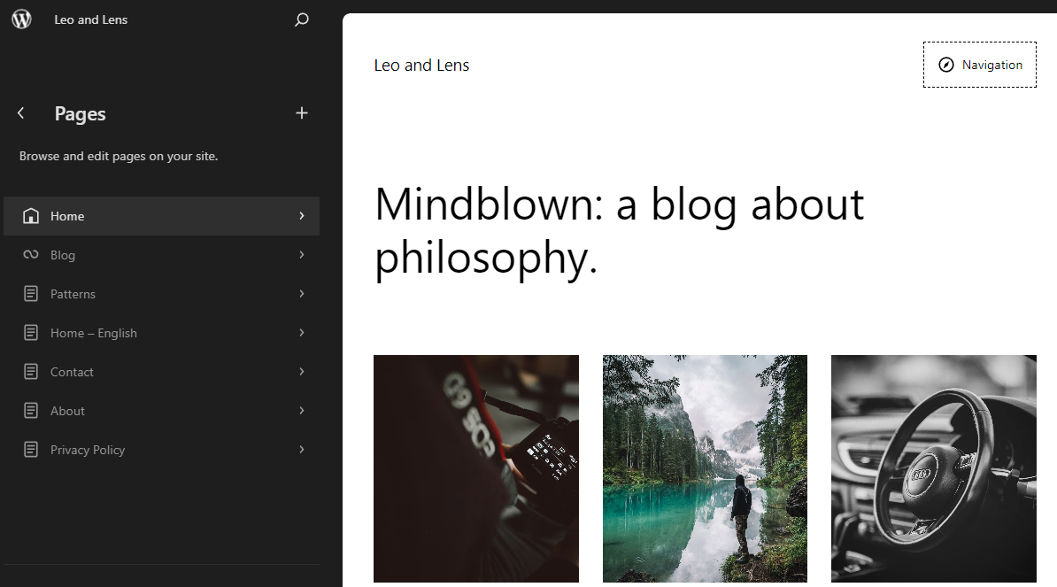 WordPress site editor with page navigation shown