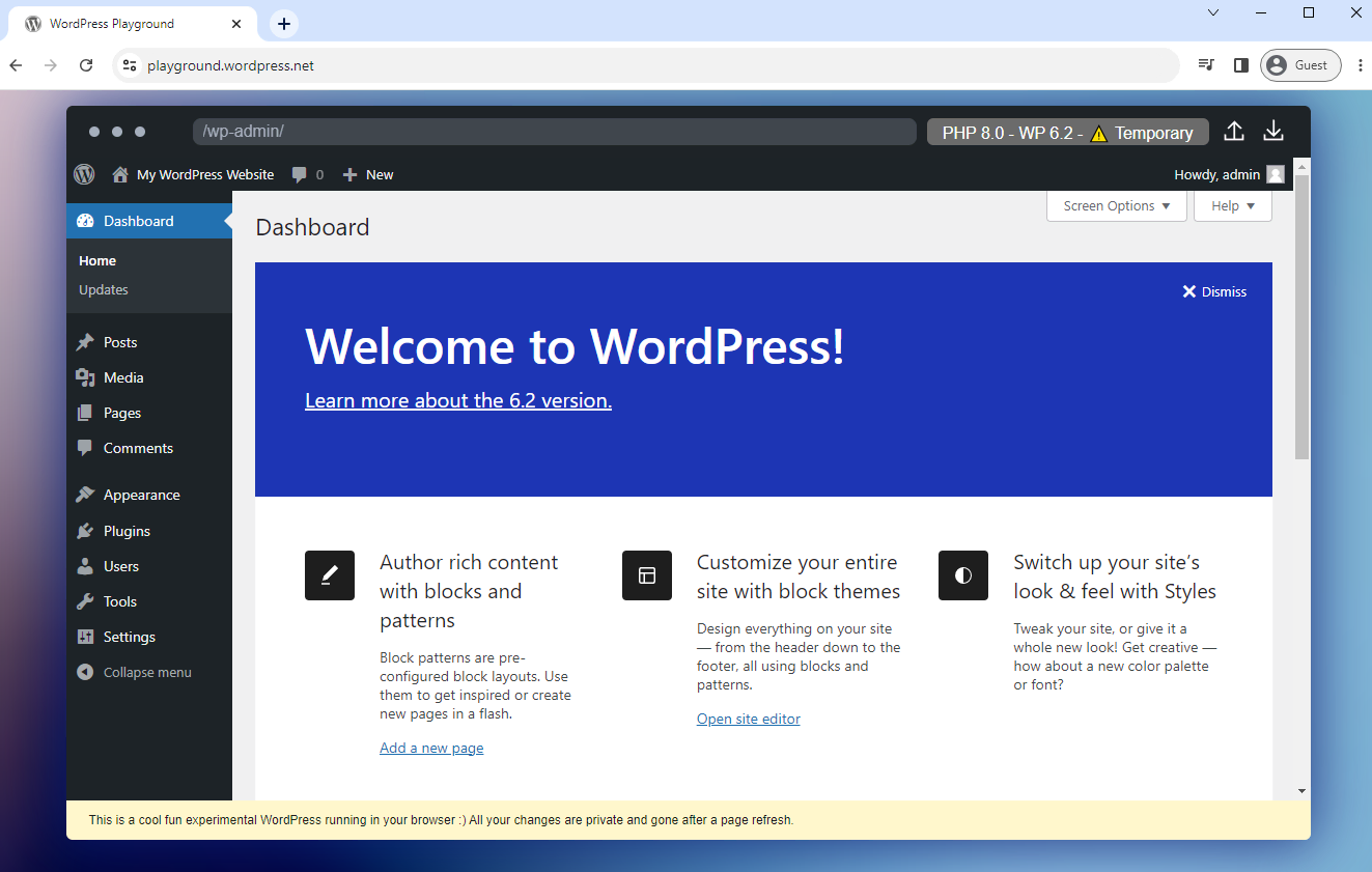 WordPress Playground interface