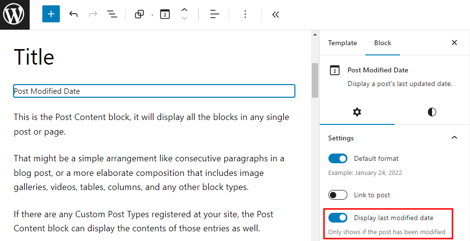 The post modified date on the editor, showing the block settings panel with the highlighted display last modified date toggle option