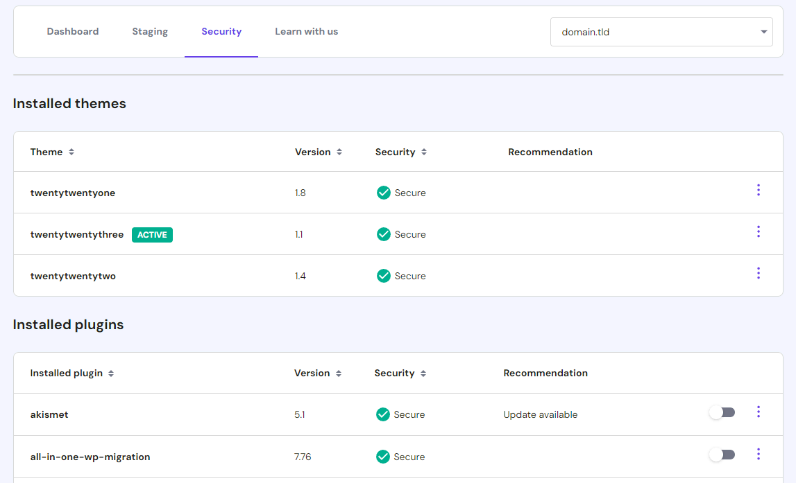 WordPress security interface on hPanel